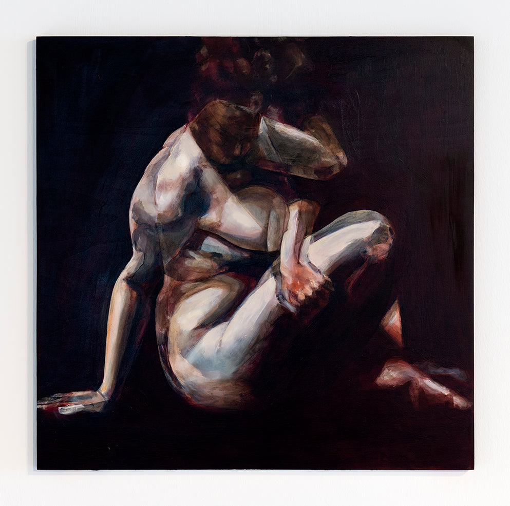 An oil painting of a nude female figure in a seated, curled pose against a dark background, shown as a square canvas print on a white background.